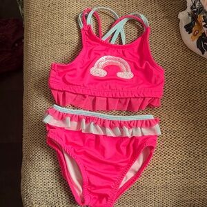Girls' Bright Pink Ruffle Rainbow Two-Piece Swim Set